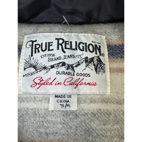 True Religion Mens Med Black/Cream Snap Puffer Vest W/ Leather Yoke NWT - Picture 9 of 13
